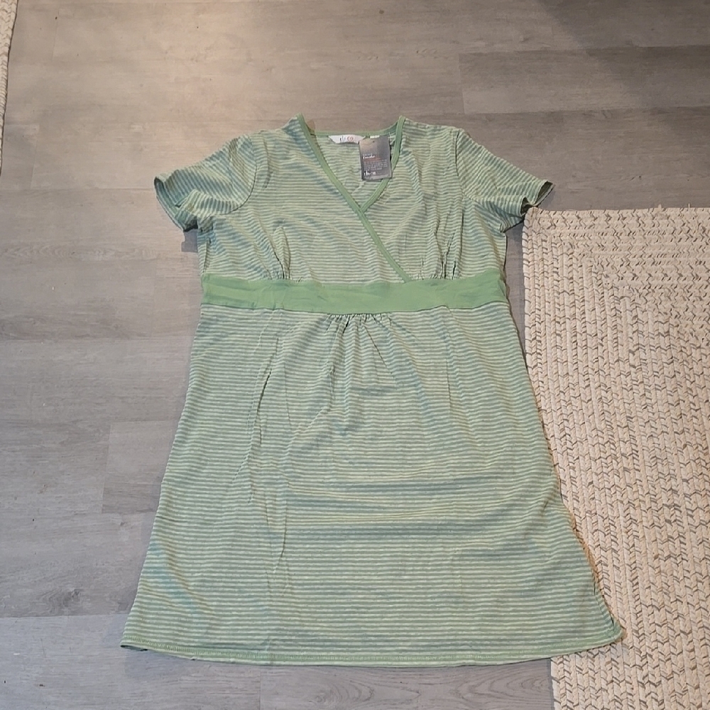 NWT Denim & Co Empire Waisted‎ Green Striped Short Sleeve Dress